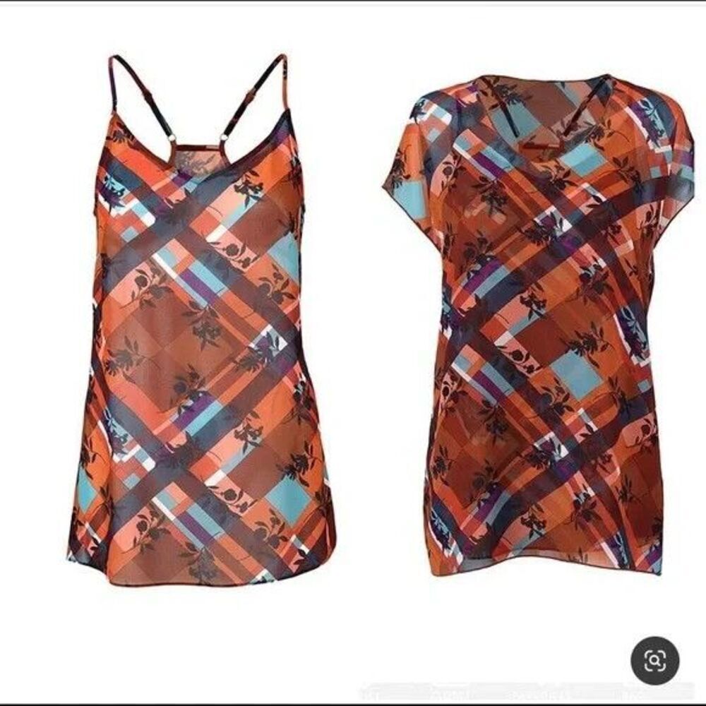 Women's Cabi # 3773 Lattice Top Plaid Floral Layered Blouse Top 2-Piece Medium